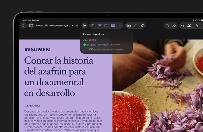 Pantalla de un iPad Pro de 13 pulgadas, interfaz de Keynote, diapositiva principal color morado, funcionalidad para arreglar diapositivas