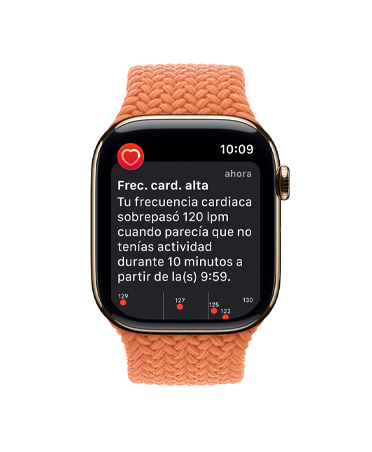Apple Watch Series 11, caja de titanio color oro, notificación de frecuencia cardiaca alta, correa uniloop trenzada, color cúrcuma