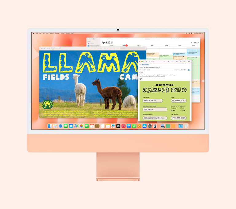 iMac naranja: la pantalla muestra las apps Vista Previa, Mail y Calendario en uso.