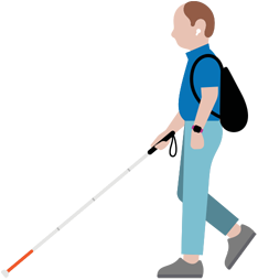 Person with low vision wearing AirPods and walking with service dog