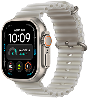 Apple Watch Ultra 4, titanium case, natural color, Modular watch face, complications: day and date, readiness, heart rate, Run workout, Weather, right side exterior, Digital Crown, raised side button, Ocean Band, translucent grey colour