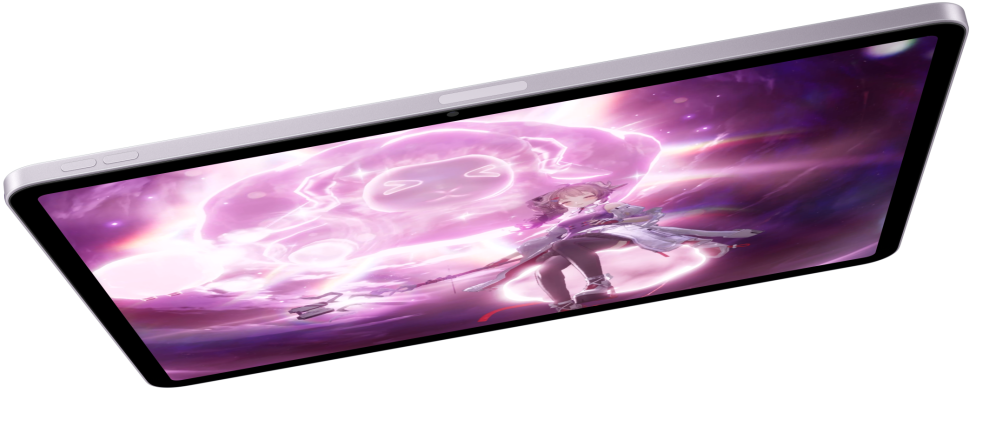 iPad Air in landscape orientation and displaying a video game, two other iPad Air models below