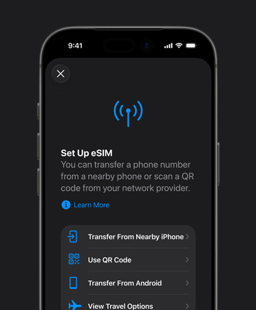 iPhone 17 Pro, front exterior, using the Set Up Mobile Data feature to easily transfer a phone number with eSIM