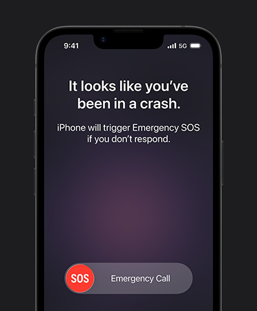 iPhone 17e, front exterior, Crash Detection feature in use