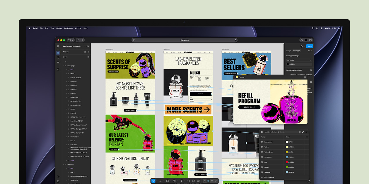 Studio&nbsp;Display screen, Figma app interface, canvas work window showing various digital artwork