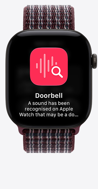 Apple Watch Series 12, aluminium case, black colour, pinned conversations screen, Sport Loop strap, burgundy plaid colour