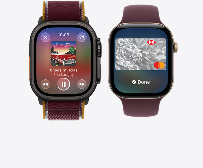 Apple Watch Ultra 4, titanium case, black colour, Apple Music app, now playing screen, Trail Loop strap, burgundy colour; Apple Watch Series 12, aluminium case, light gold colour, Apple Pay screen, HSBC Card, Sport Loop strap, burgundy colour