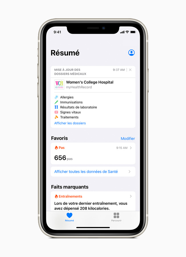 Mise à jour d’un dossier médical du Women’s College Hospital affichée sur iPhone 11 Pro.