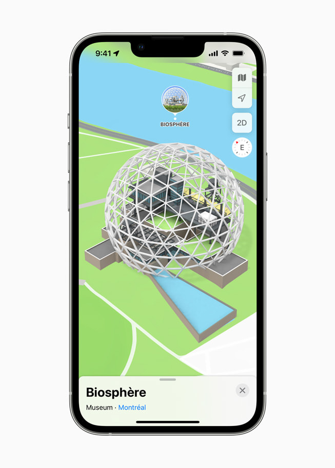 Une carte 3D montrant la Biosphère de Montréal de jour sur iPhone 13 Pro.