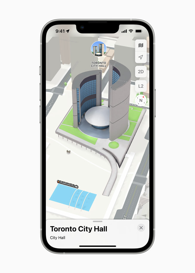 Une carte 3D montrant l’hôtel de ville de Toronto de jour sur iPhone 13 Pro.