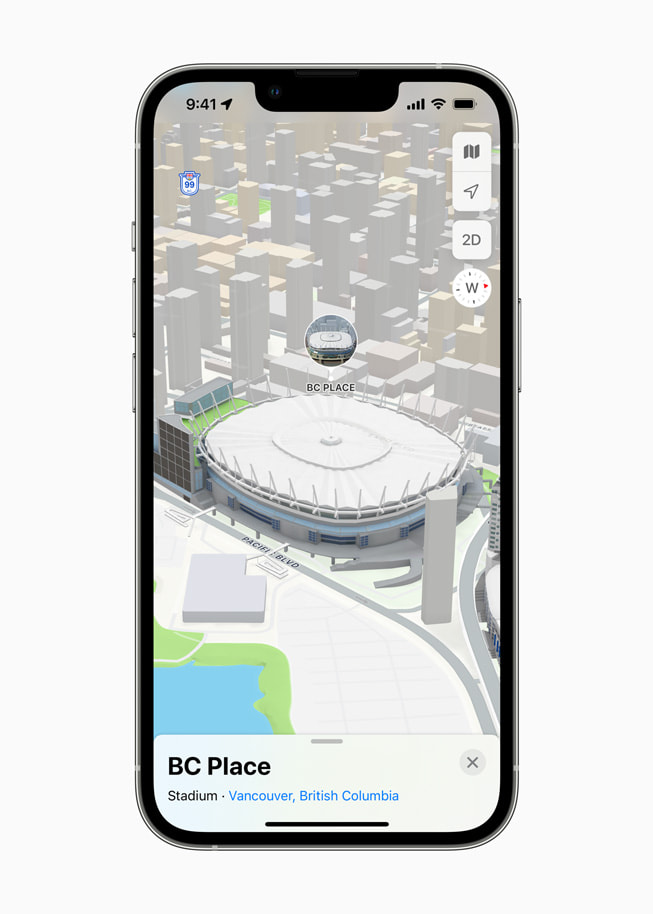L’app Plans sur iPhone 13 Pro montrant une représentation 3D détaillée du BC Place.