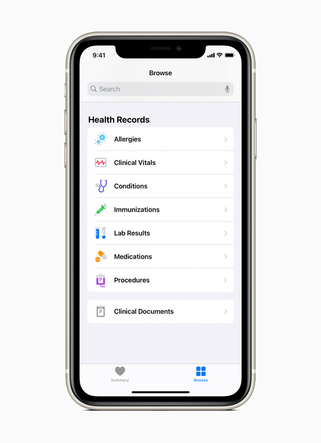 Medical records available on Health Records are displayed on iPhone Pro 11.