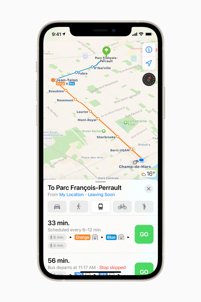 Real-time transit features in Apple Maps on iPhone 12. 