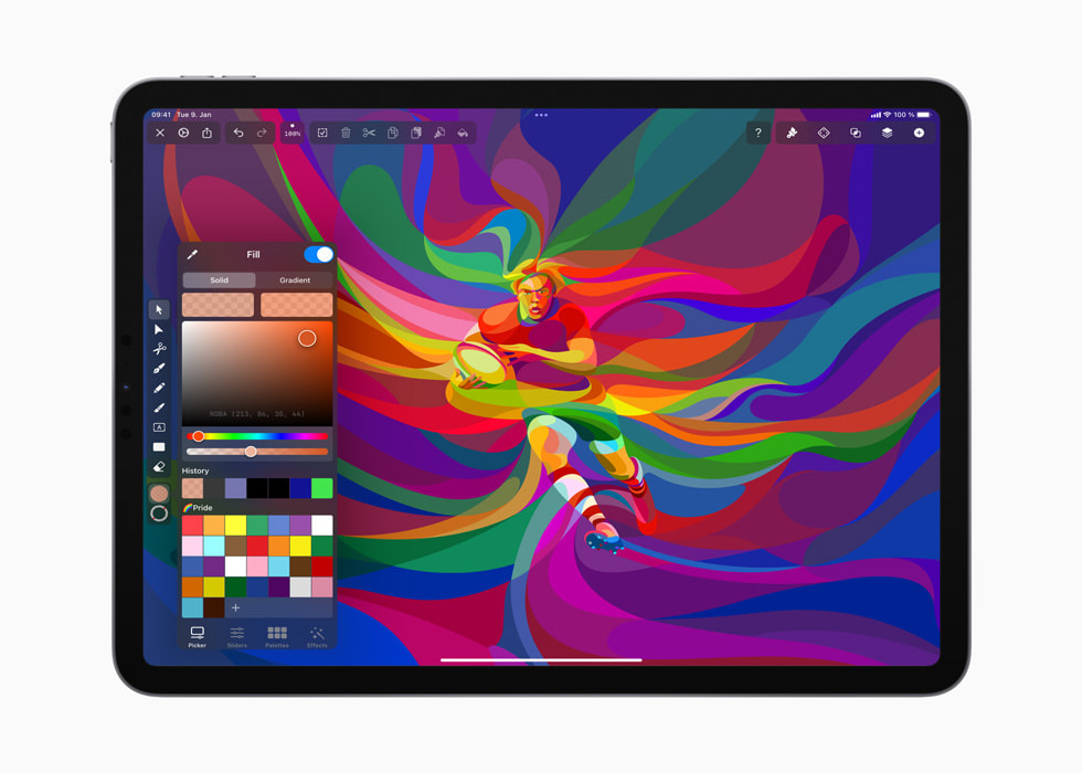 Farbfülloptionen über einer bunten Illustration eines Rugbyspiels in der Vectornator-App.