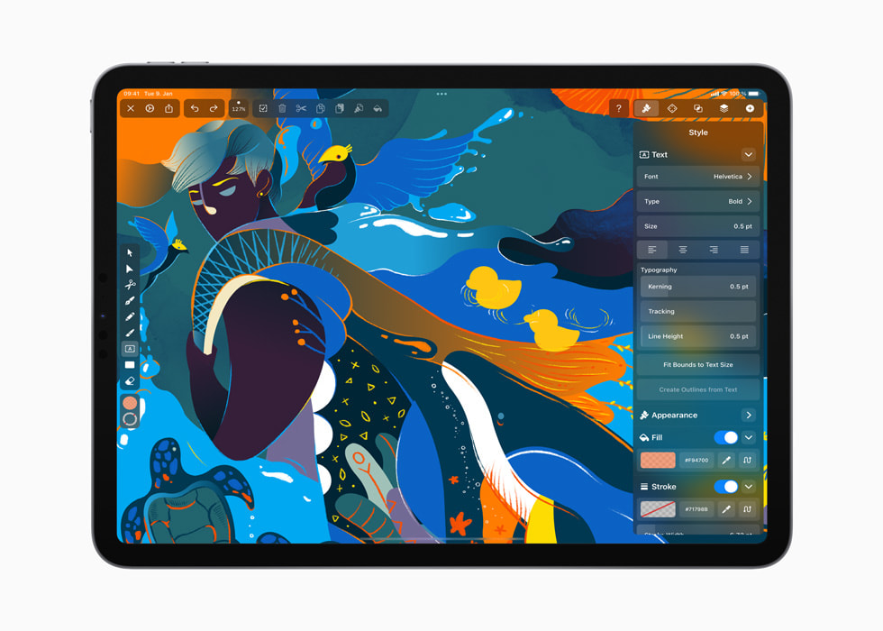 Form- und Textstiloptionen über einer von Wasser inspirierten Illustration in der Vectornator-App.