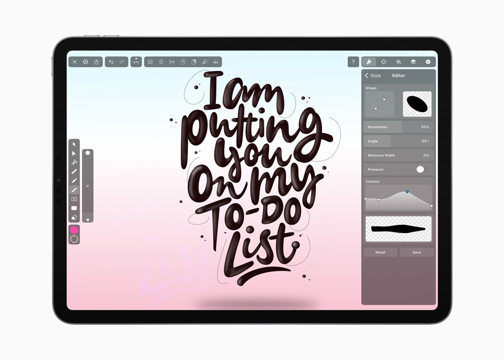 Pinselstil und Editoroptionen über einer typografischen Illustration in der Vectornator-App.