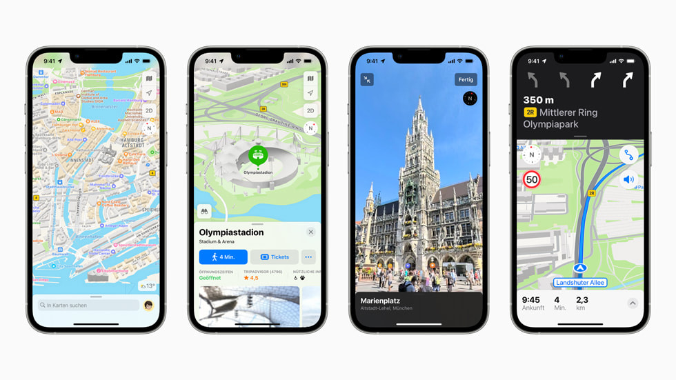 Die völlig neue Karten App in Deutschland auf vier iPhone Displays.