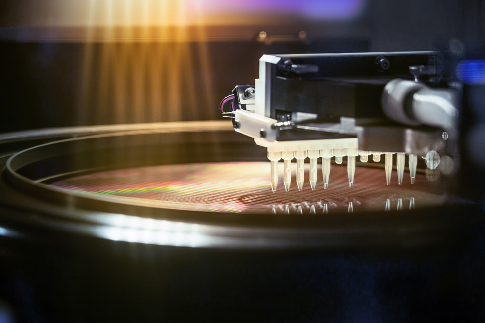 A close-up of a semiconductor at STMicroelectronics.