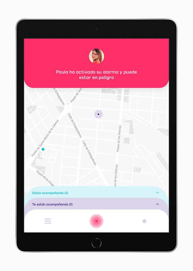 Un mapa de la app Sister muestra cómo activar una alarma si se percibe algún peligro.