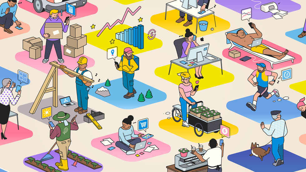 Illustration de plusieurs personnes et des apps qu’elles créent.