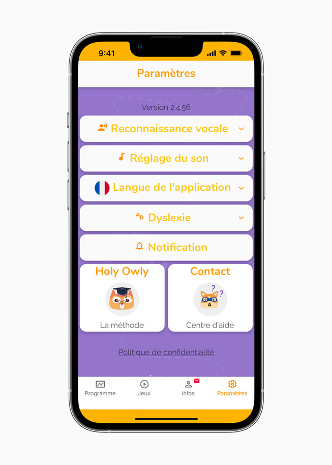 Onglet des réglages de l’app Holy Owly sur l’iPhone 13 Pro.