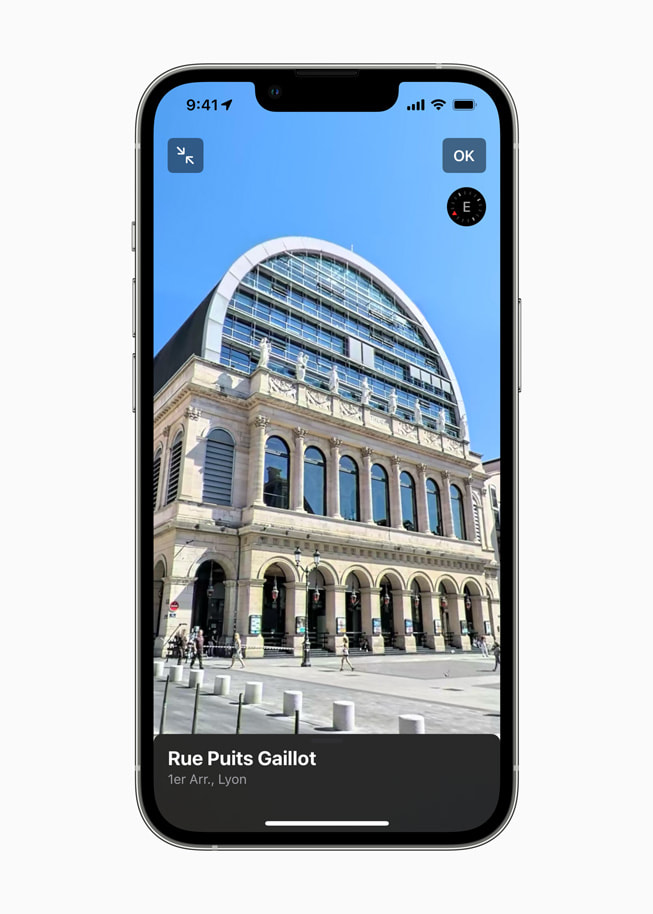 La fonctionnalité Vue à 360° de Plans affichant la rue Puits Gaillot sur l’écran de l’iPhone 13 Pro.