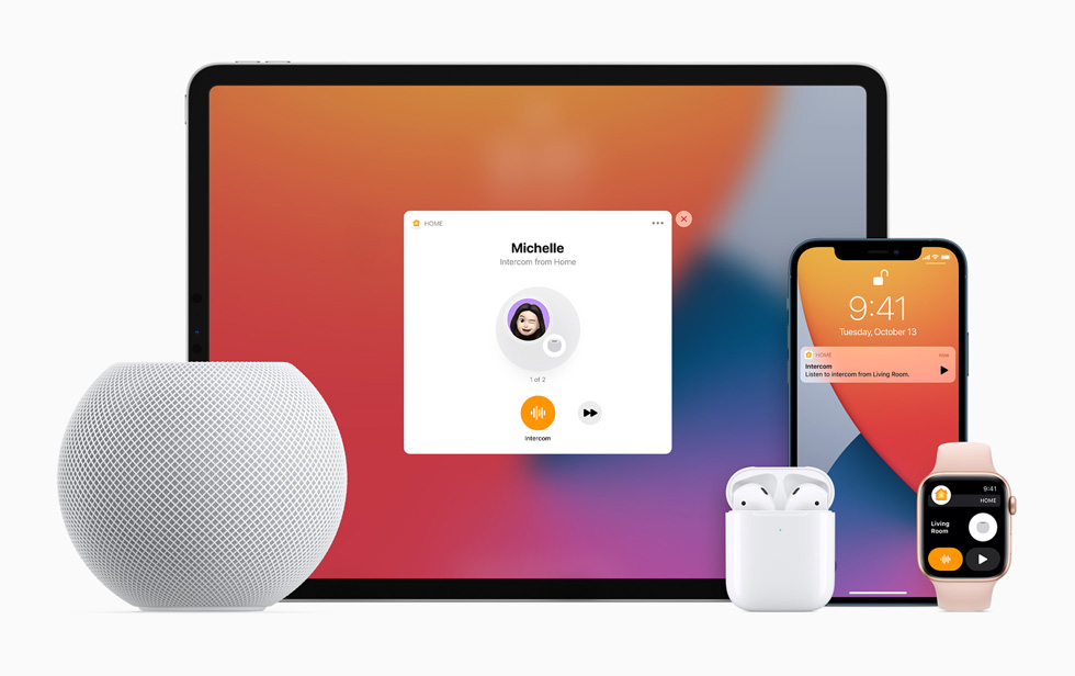 HomePod mini, iPad Pro, AirPods, iPhone 12, and Apple Watch Series 6 connected with Intercom.