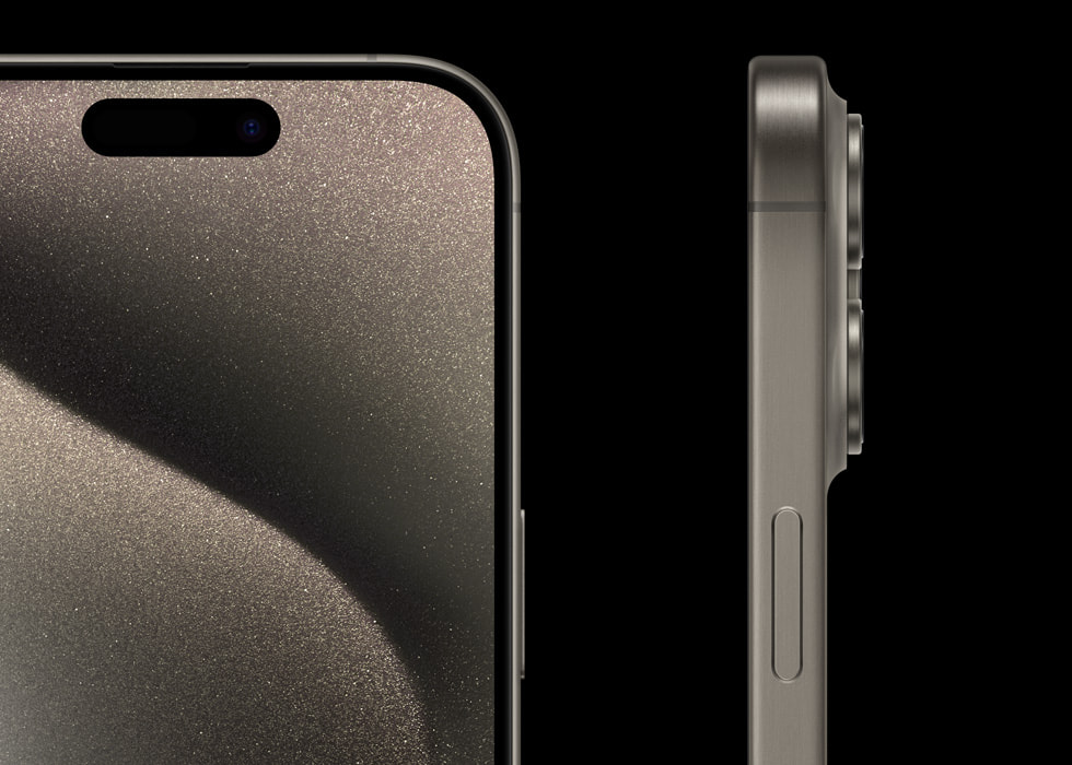 A close-up of the Ceramic Shield front cover, thin borders, and contoured edges on iPhone 15 Pro. 