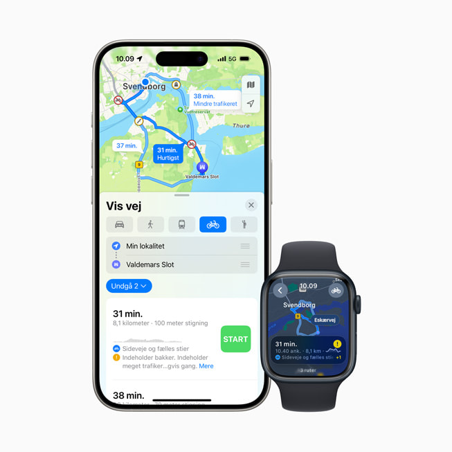 Vejvisning på cykel vises på iPhone 15 Pro og Apple Watch Series 9.