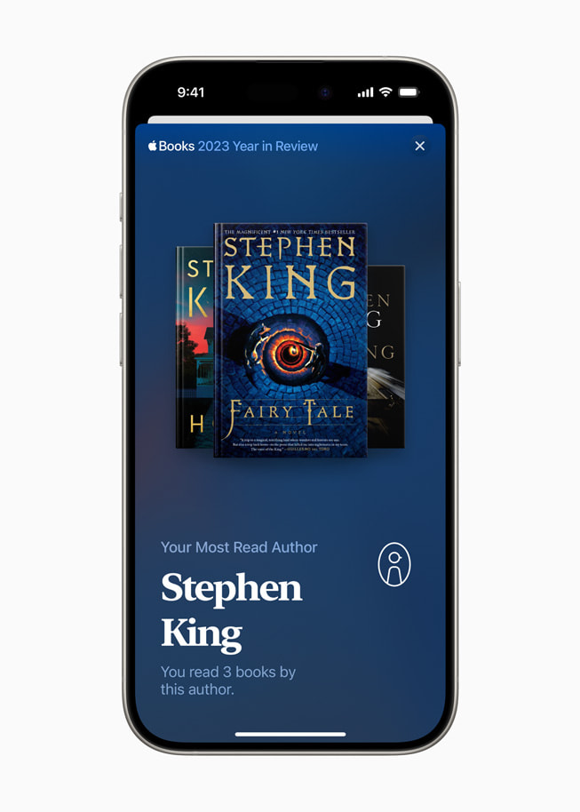 A user’s most-read author is shown in Apple Books on iPhone 15 Pro.