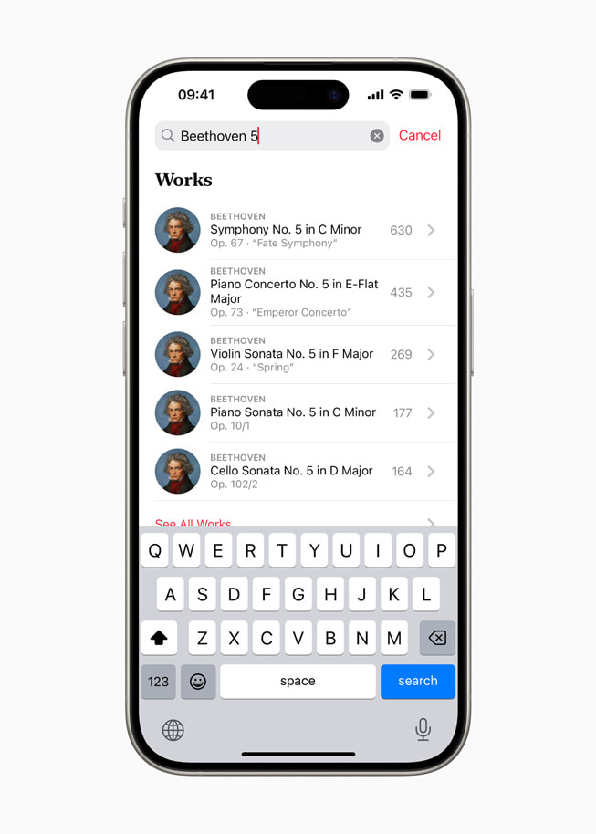 The search experience in Apple Music Classical is shown on iPhone 15 Pro.