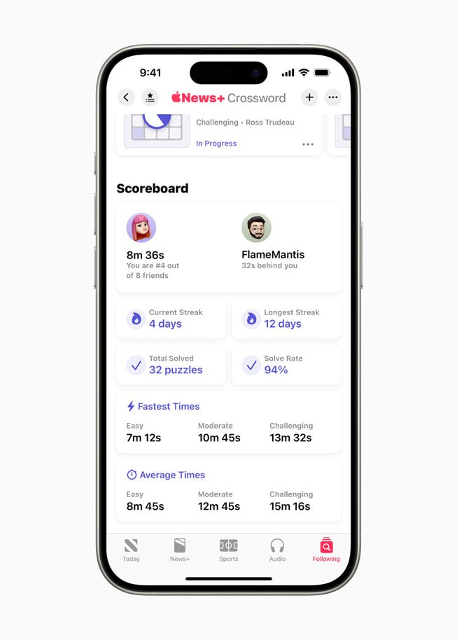 Apple News+ Crossword game shown on an iPhone 15 Pro.