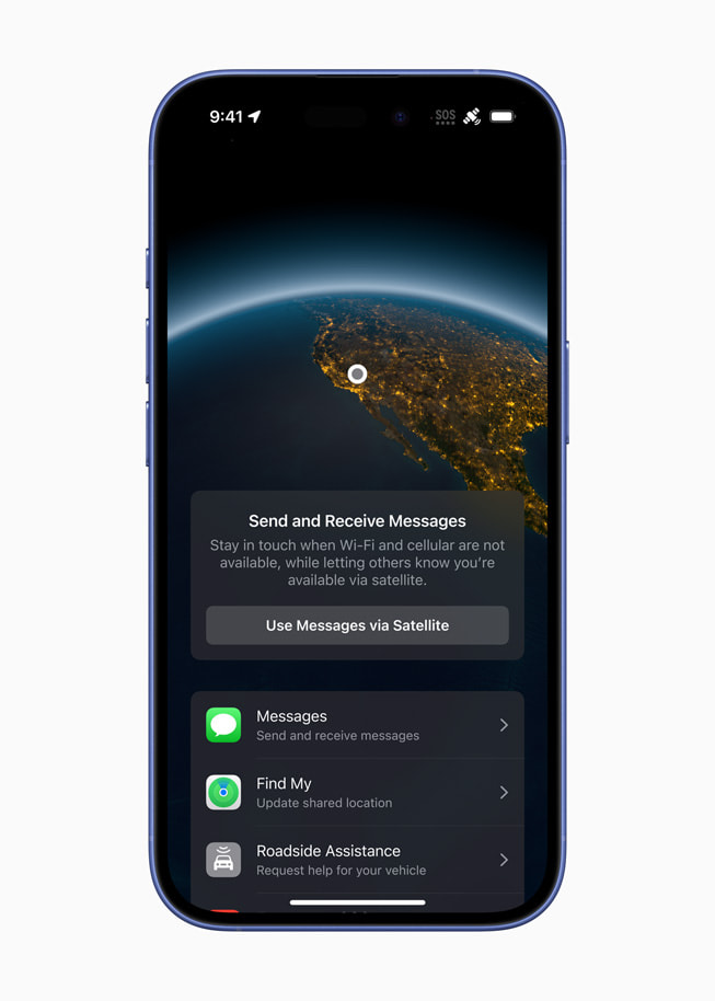 iPhone 16 shows a satellite view of Earth and options at the bottom of the screen, including Roadside Assistance.