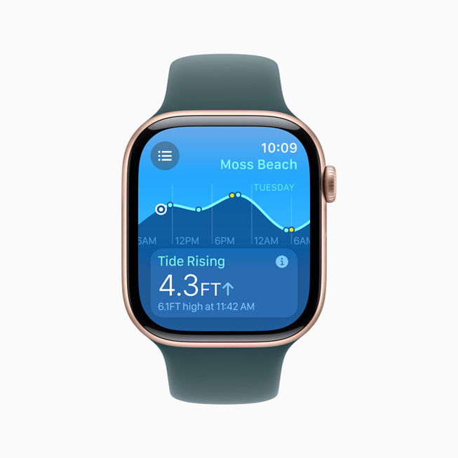 The Tides app shows a high tide of 4.9 feet on Apple Watch Series 10.