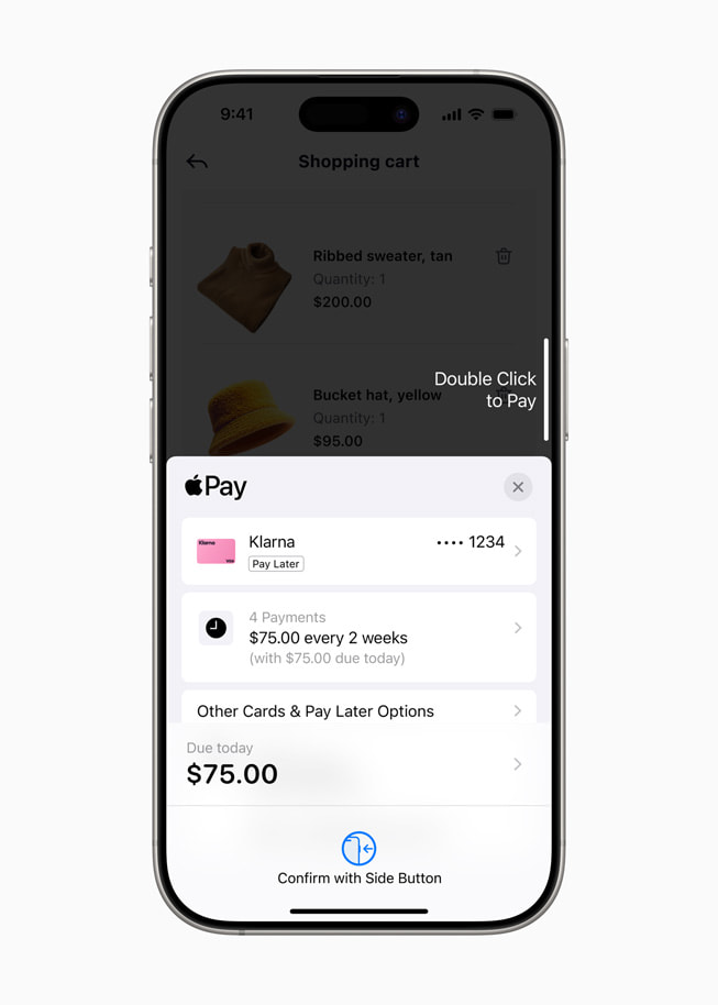 In Apple Pay, a user accesses Klarna’s flexible payment options at checkout.