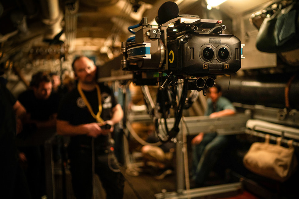 An Apple Immersive Video camera and film crew on the set of “Submerged.”