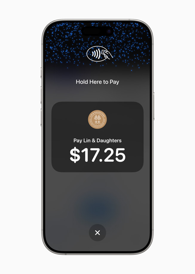 On iPhone 16 Pro, a user is prompted to use Tap to Pay on iPhone to pay a merchant called Lin & Daughters, with the merchant’s logo appearing on the screen.