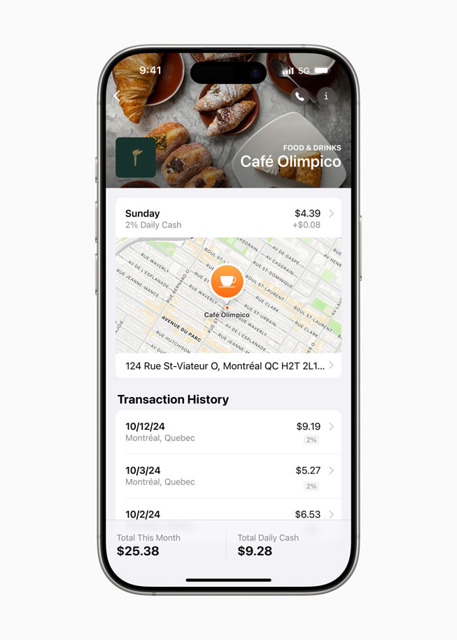 On iPhone 16 Pro, in the Wallet app, a business’s place card shows a Daily Cash offer.
