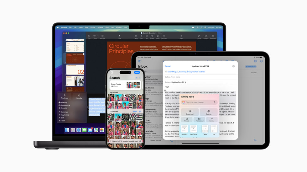 Le nuove funzioni di Apple Intelligence mostrate su una serie di iPhone, iPad e Mac.