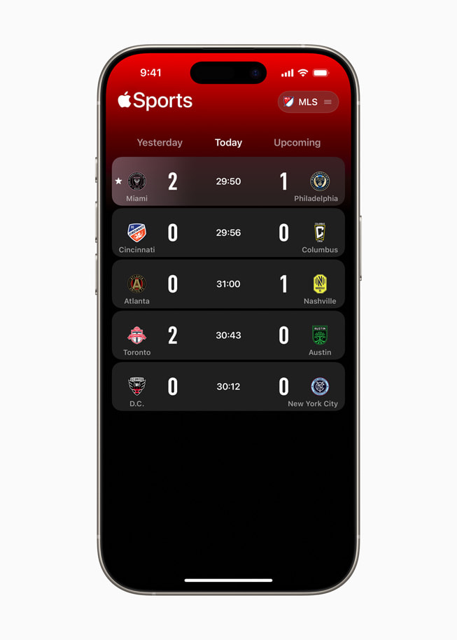 The Apple Sports app is shown on iPhone 16 Pro.