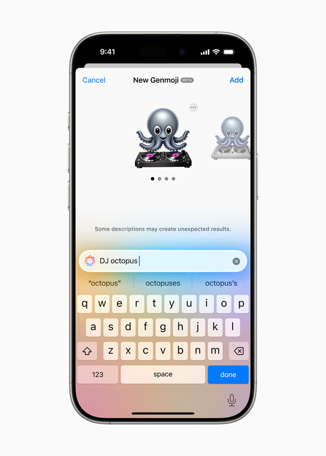 Un Genmoji de pieuvre faisant la DJ sur iPhone 16 Pro.
