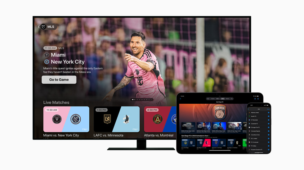 MLS Season Pass is shown on Apple TV, iPad, and iPhone 16 Pro.