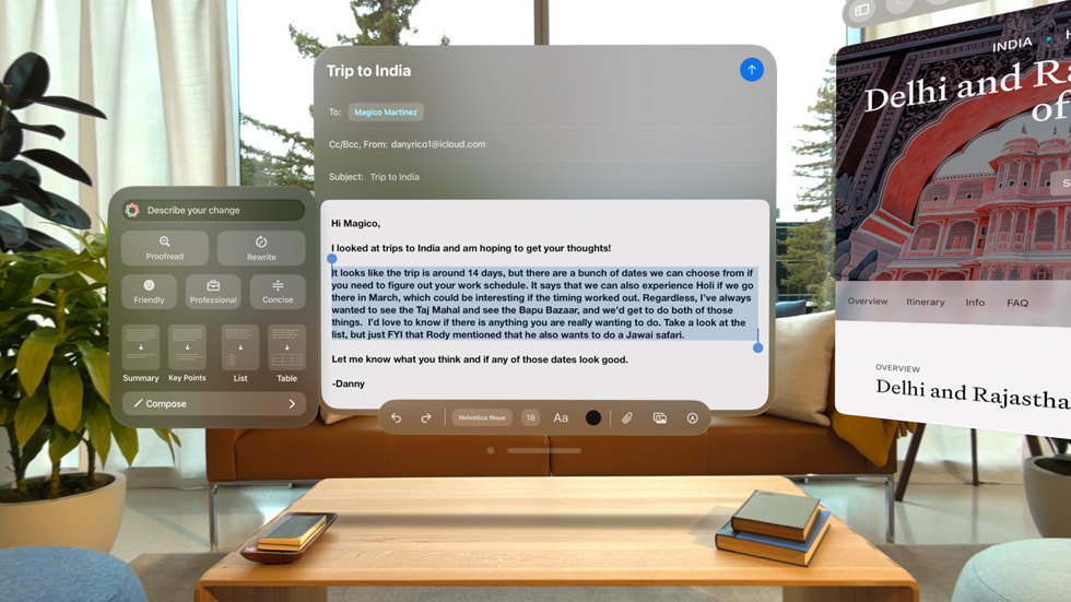 Apple Intelligence-powered Writing Tools are shown on Apple Vision Pro.