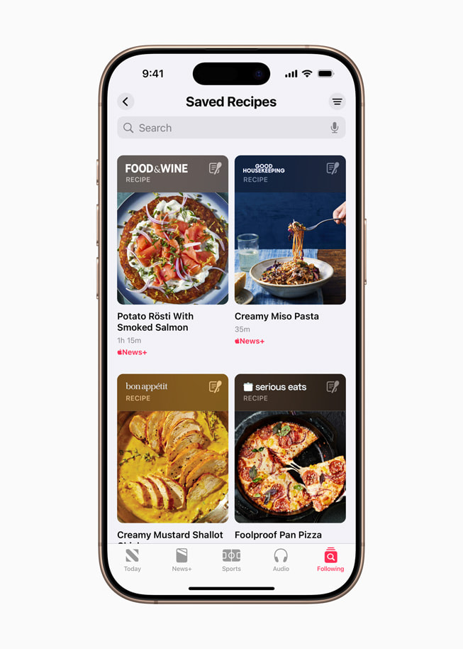 Saved recipes in the Apple News+ Food section.
