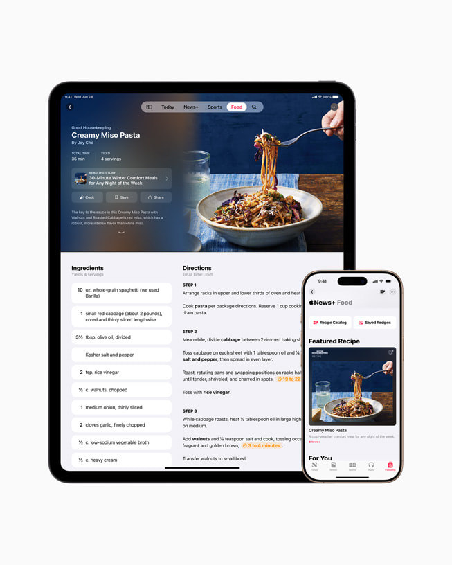 The new Apple News+ Food section in the Apple News app displayed on iPad and iPhone 16.
