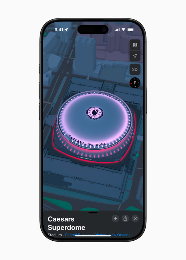 On iPhone 16 Pro, a 3D landmark for Caesars Superdome in New Orleans is shown in Apple Maps.
