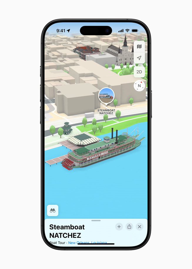 On iPhone 16 Pro, a 3D landmark for Steamboat NATCHEZ in New Orleans is shown in Apple Maps.