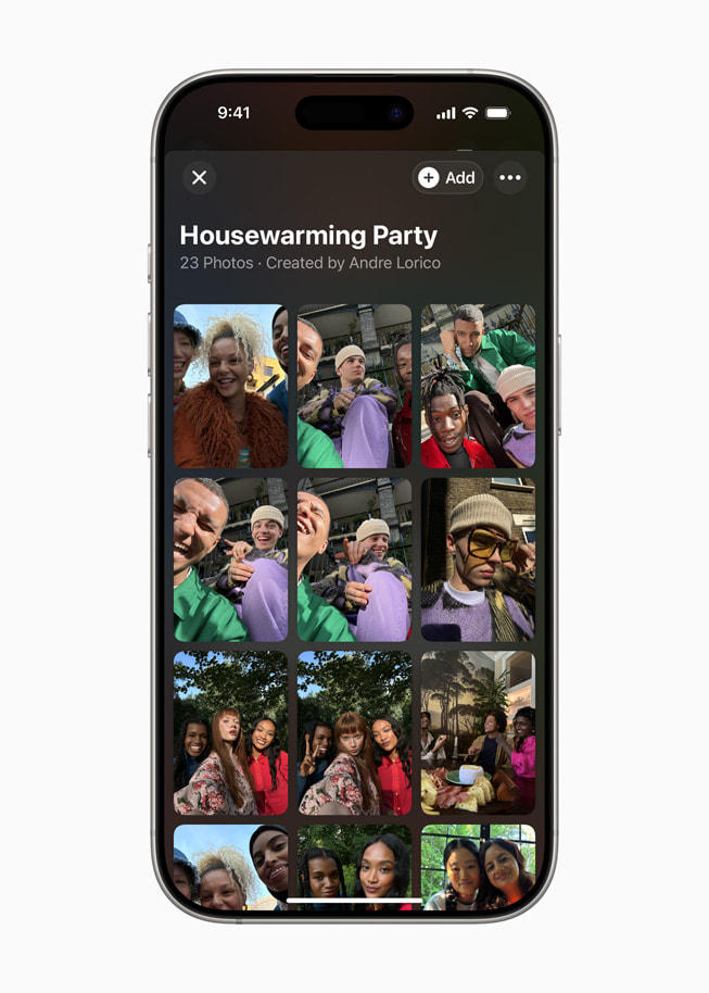 On iPhone 16 Pro in the Apple Invites app, a shared photo album for an event titled Housewarming Party is shown.