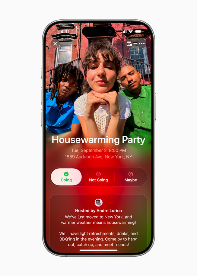 On iPhone 16 Pro in the Apple Invites app, an event invite titled Housewarming Party is shown.