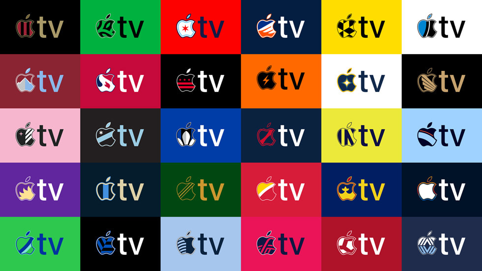 A collage of all 30 bespoke Apple TV sleeve patches celebrating the MLS’s 30th season.